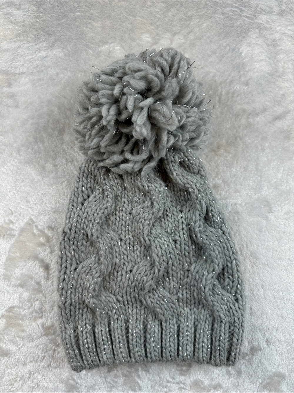 Italian Made Cable Knit Pom Pom Beanie Gray Metallic Wool Blend Winter Hat OS